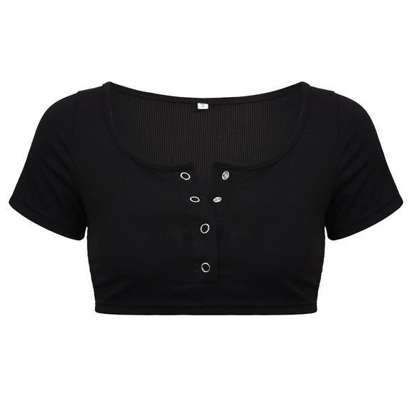 DEEP PLUNGE TOP, White Button Crop Top V Neck - Picture 5 of 5